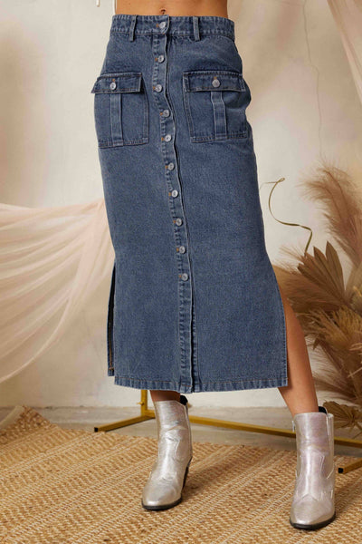 SS3503 SIDE SLIT PENCIL DENIM LONG SKIRT