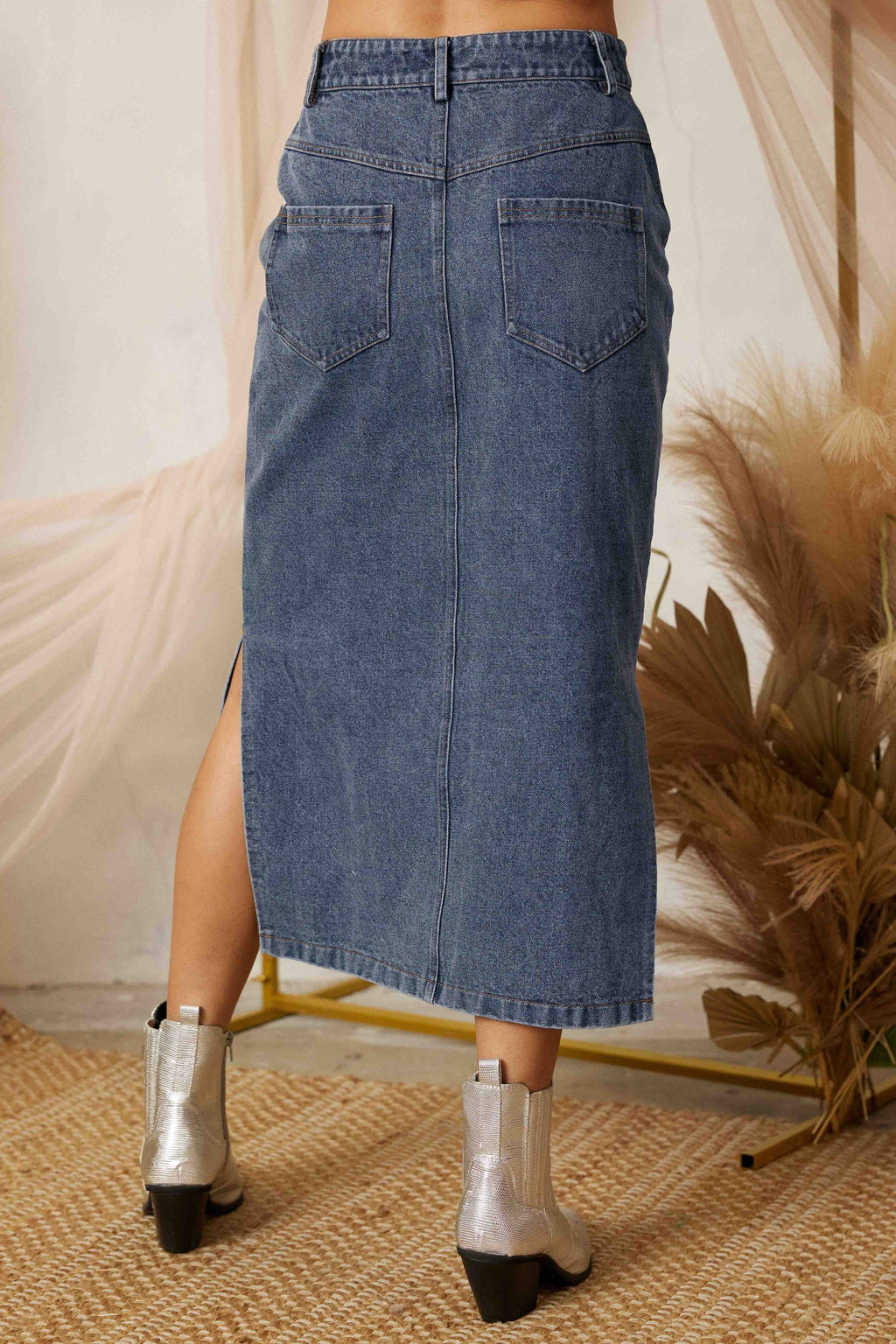 SS3503 SIDE SLIT PENCIL DENIM LONG SKIRT