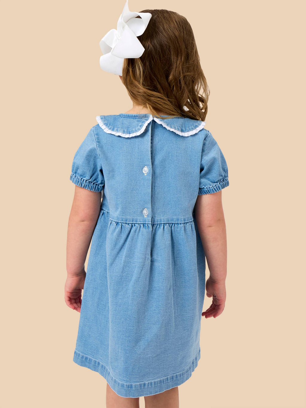 Girls Light Wash Stretch Denim Peter Pan Ruffle Bow Short Sleeve Dress