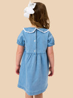 Girls Light Wash Stretch Denim Peter Pan Ruffle Bow Short Sleeve Dress