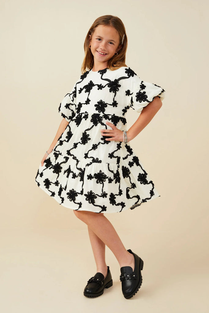 Black Floral Applique Ruffled Sleeve Dress