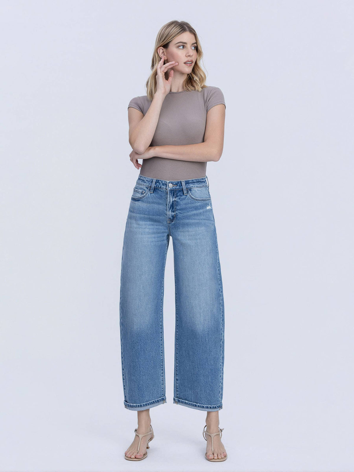 High Rise Medium Wash Cuffed Barrel Jeans