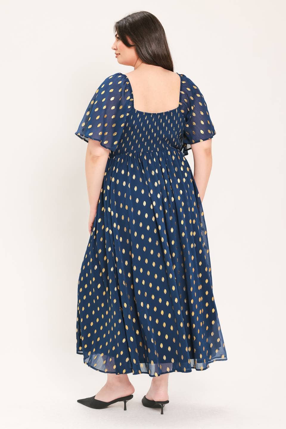 A solid woven with foil print midi dress