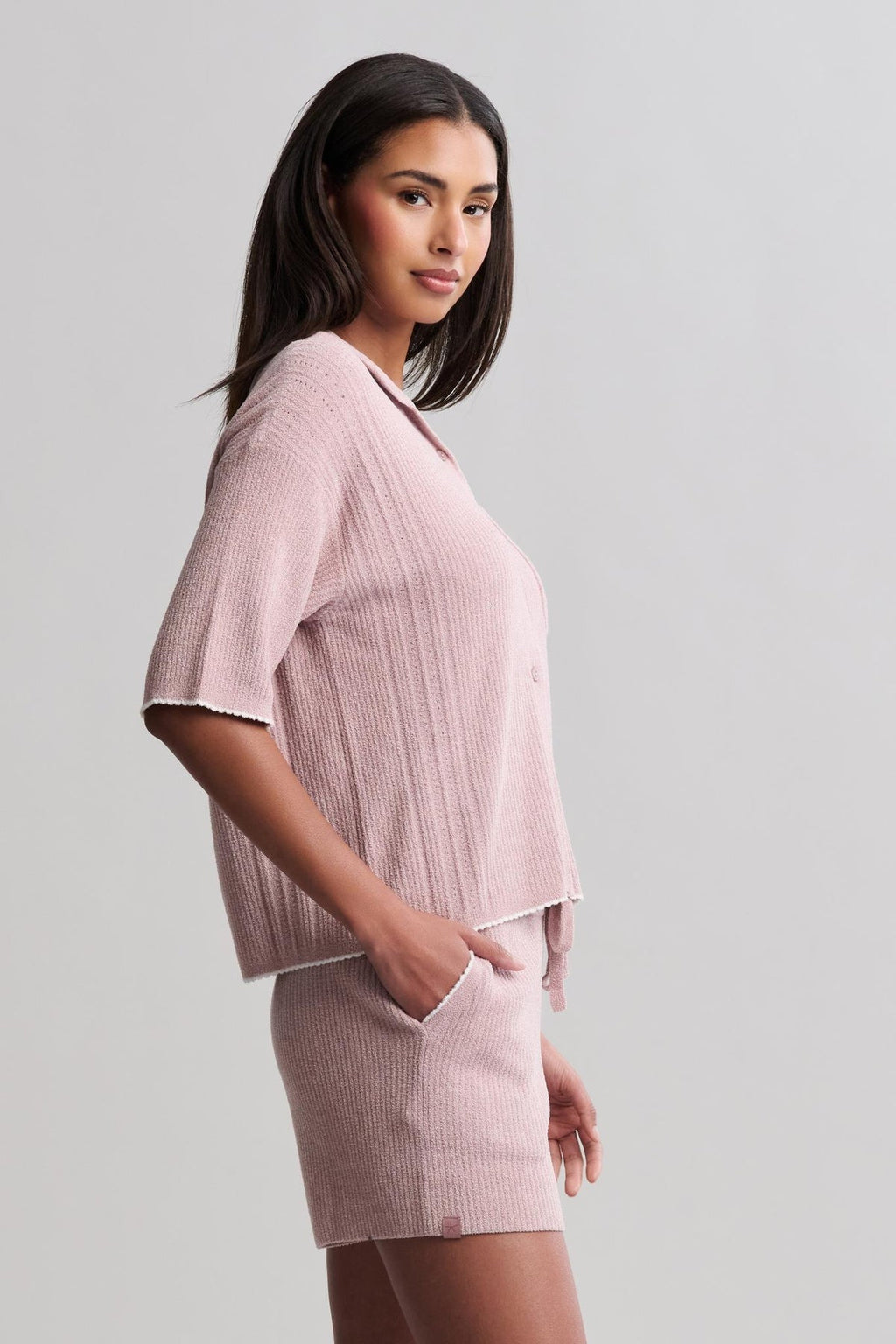 CozyChic Ultra Lite® Contrast Scallop Short Sleeve Shirt and Short Set