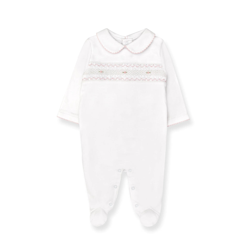 Hand Smocked Pima Playsuit, White & Pink