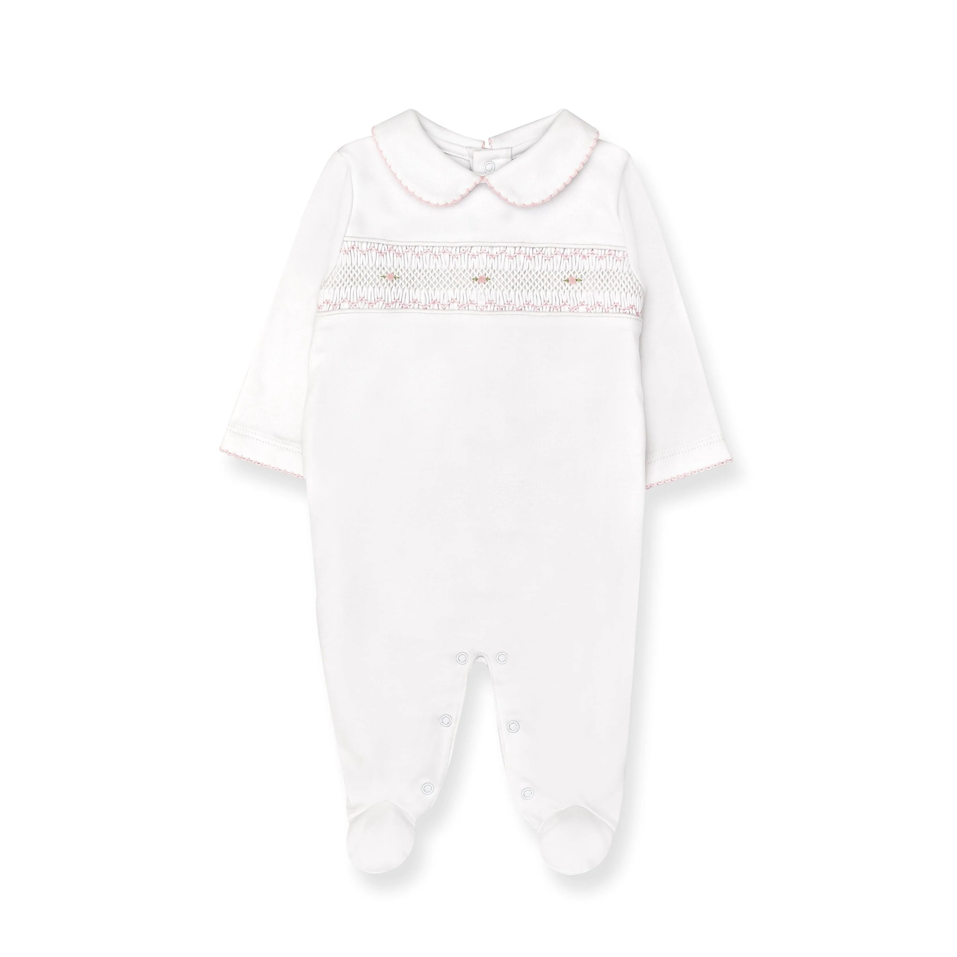 Hand Smocked Pima Playsuit, White & Pink