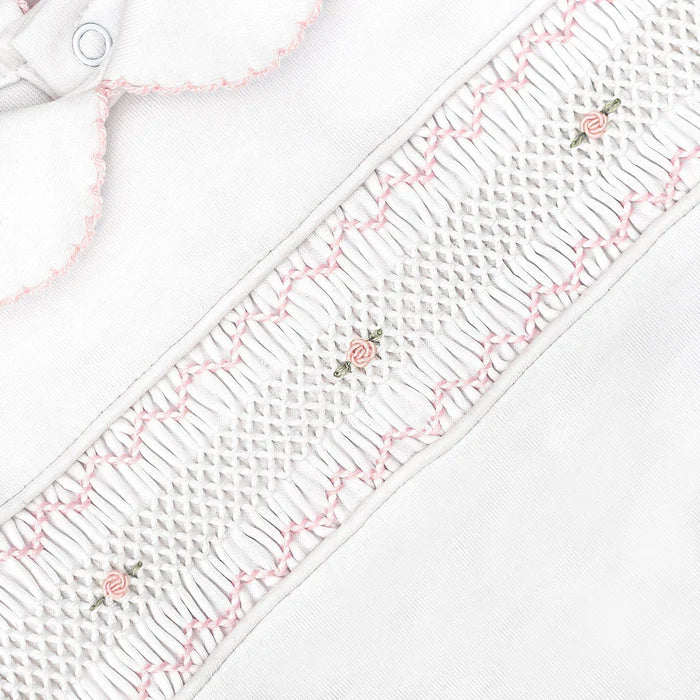 Hand Smocked Pima Playsuit, White & Pink
