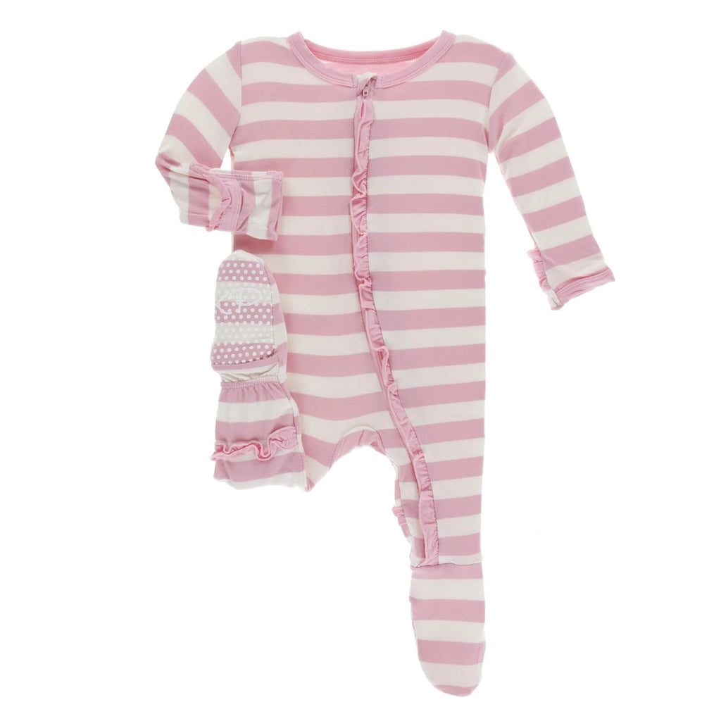 Ruffle Footie Zip Lotus Stripe