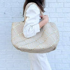 Oversized Woven Tote in Beige Metallic