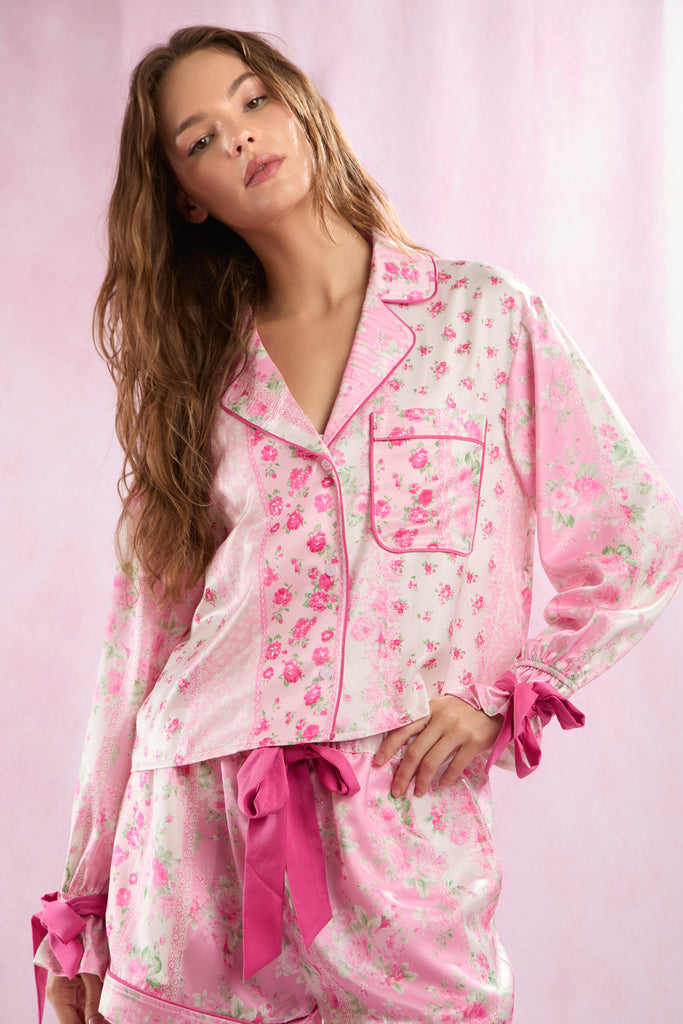 Floral Printed Satin Tied Front & Cuffs Shirt & Shorts Pajamas