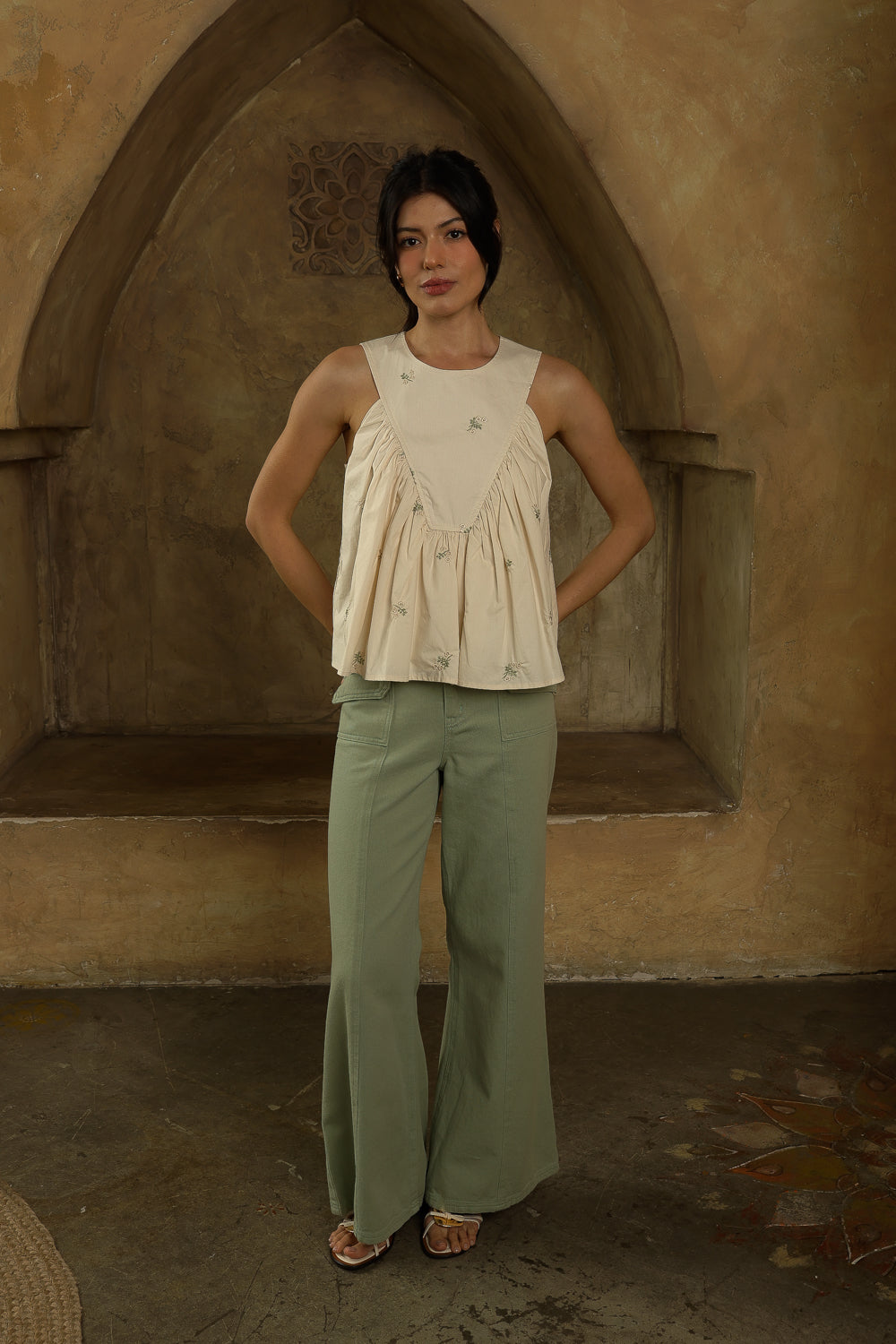 Sage Green Embroidered Babydoll Sleeveless Top - Little Jill & Co.