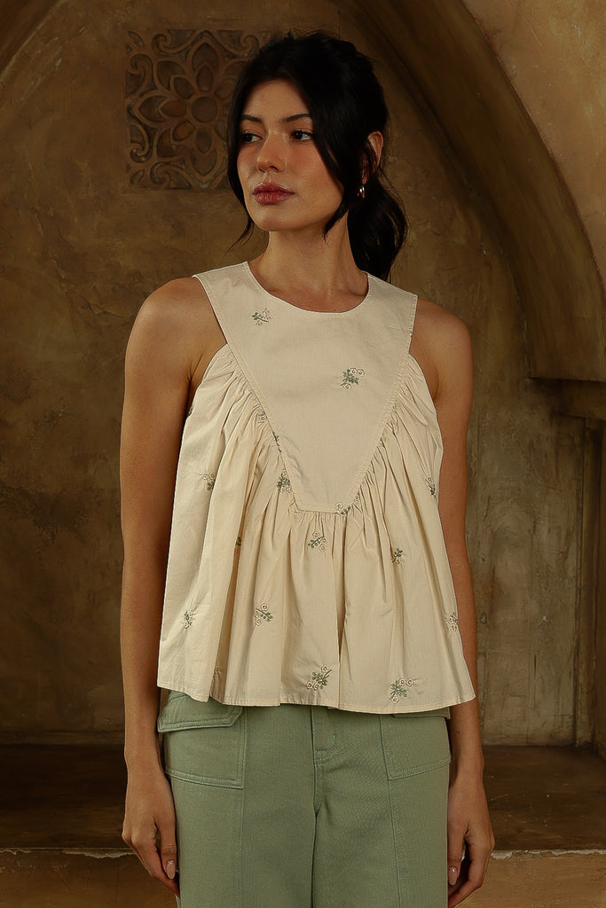 Sage Green Embroidered Babydoll Sleeveless Top - Little Jill & Co.