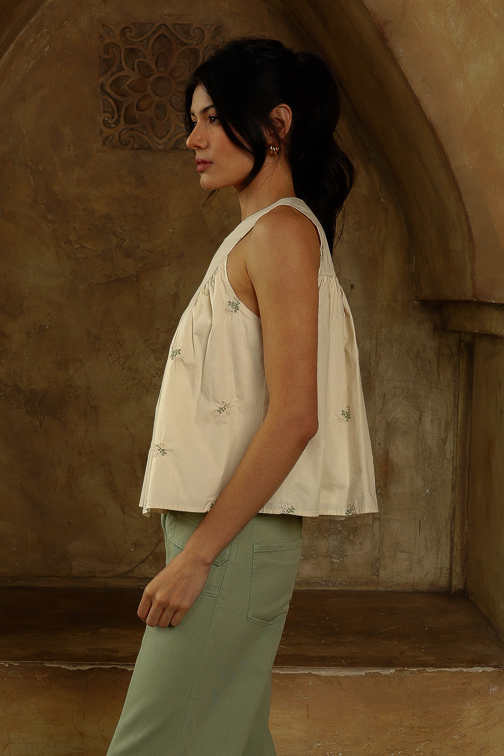 Sage Green Embroidered Babydoll Sleeveless Top - Little Jill & Co.