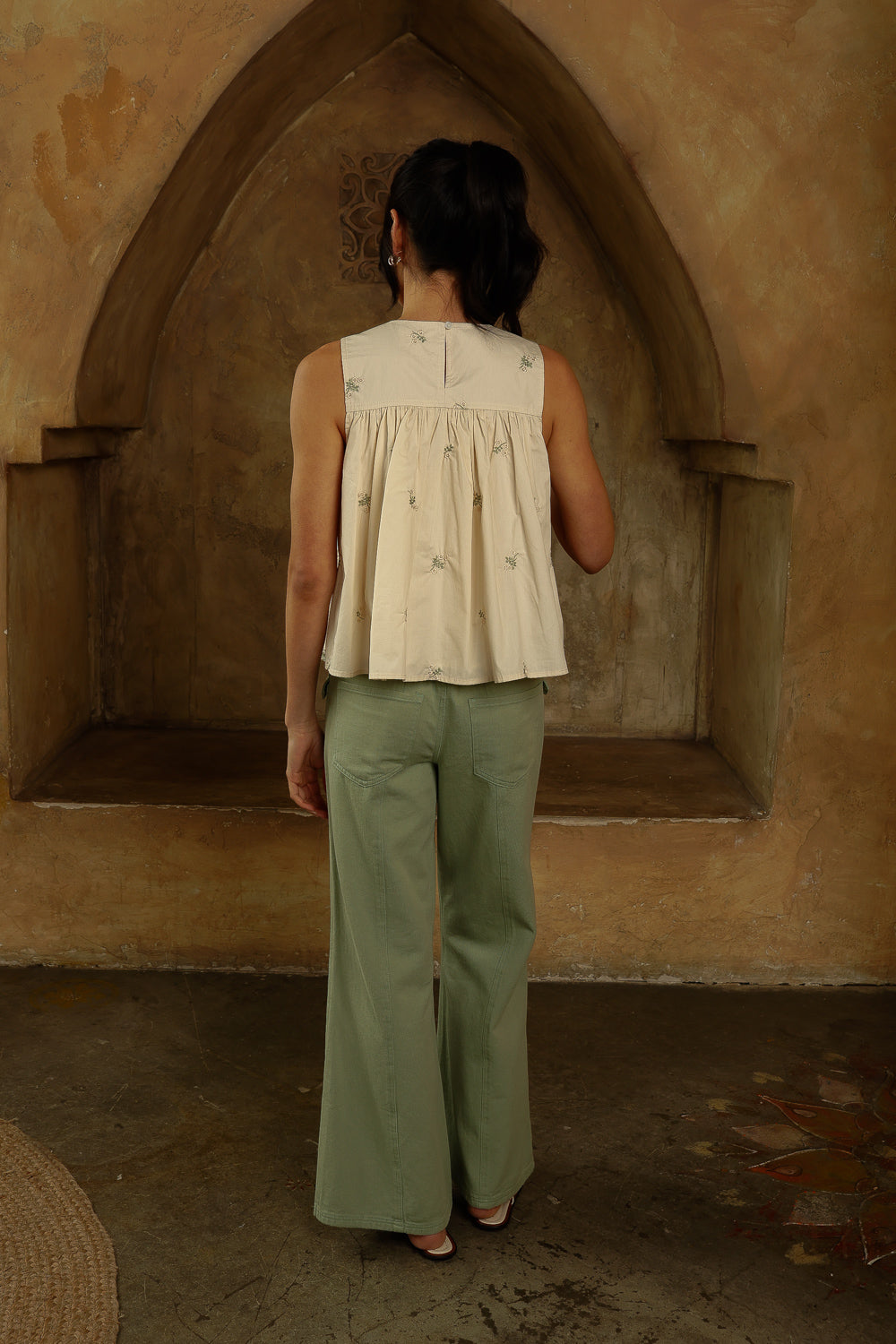 Sage Green Embroidered Babydoll Sleeveless Top - Little Jill & Co.
