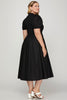 Short Puff Sleeve Bow Tie Zipper Midi Dress PLUS