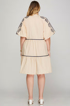 PLUS - BUBBLE SLEEVE EMBROIDERED SIDE POCKET MINI DRESS