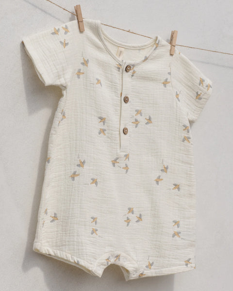 Short Sleeve Woven Romper Birds