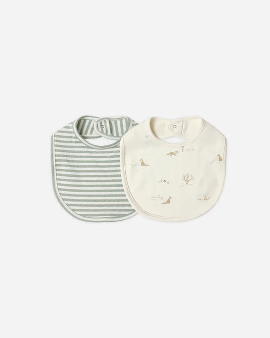 Jersey Snap Bib, 2 Pack Fox Land, Fern Stripe