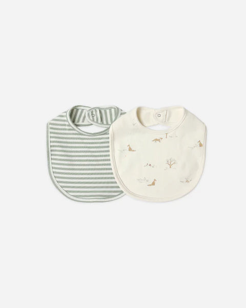 Jersey Snap Bib, 2 Pack Fox Land, Fern Stripe