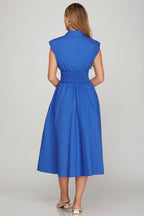 DROP SHOULDER SMOCKED WAIST MIDI DRESS