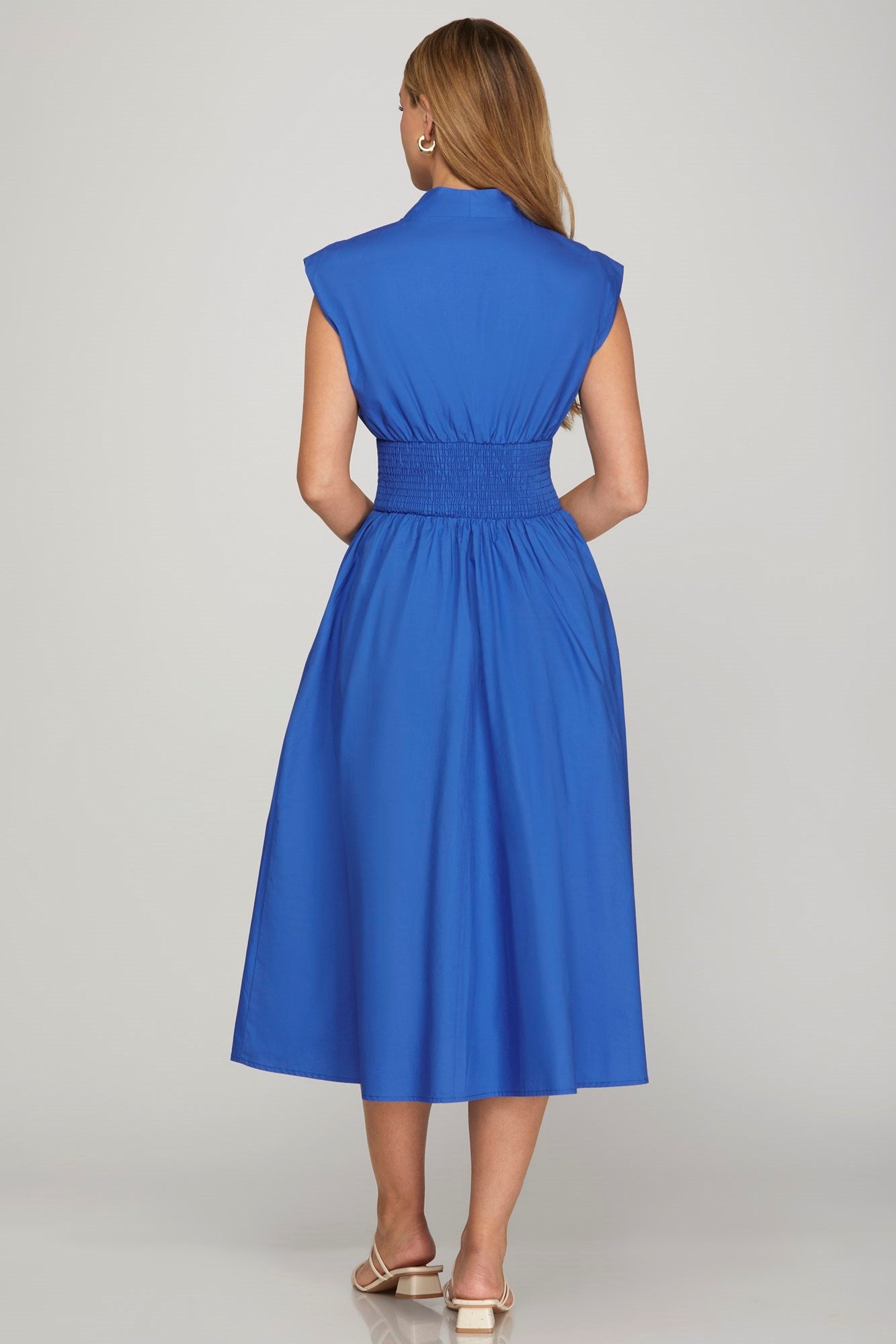 DROP SHOULDER SMOCKED WAIST MIDI DRESS