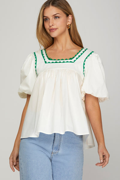 PUFF SLEEVE SQUARE NECK WITH TRIM DETAIL