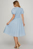 SHORT PUFF SLEEVE SMOCKED FRONT BOW TIE MIDI DRESS