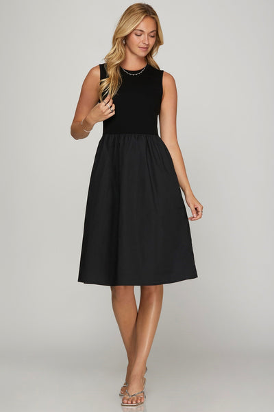 SLEEVELESS KNIT TOP AND POPLIN WOVEN SKIRT MIDI DRESS