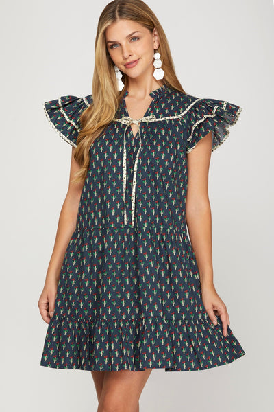 RUFFLE SLEEVE CONTRAST PIPING SIDE FLORAL PRINT DRESS