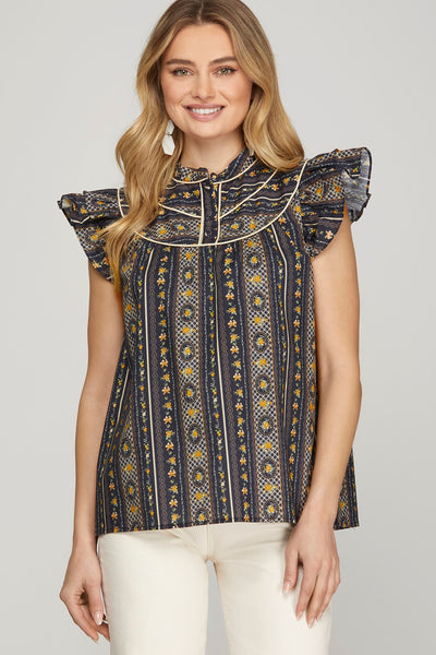 RUFFLE SLEEVE COLLARED BUTTON HALF PLACKET TOP
