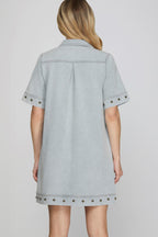 SHORT SLEEVE 1/2 ZIP STUDED WASHED MINI DRESS