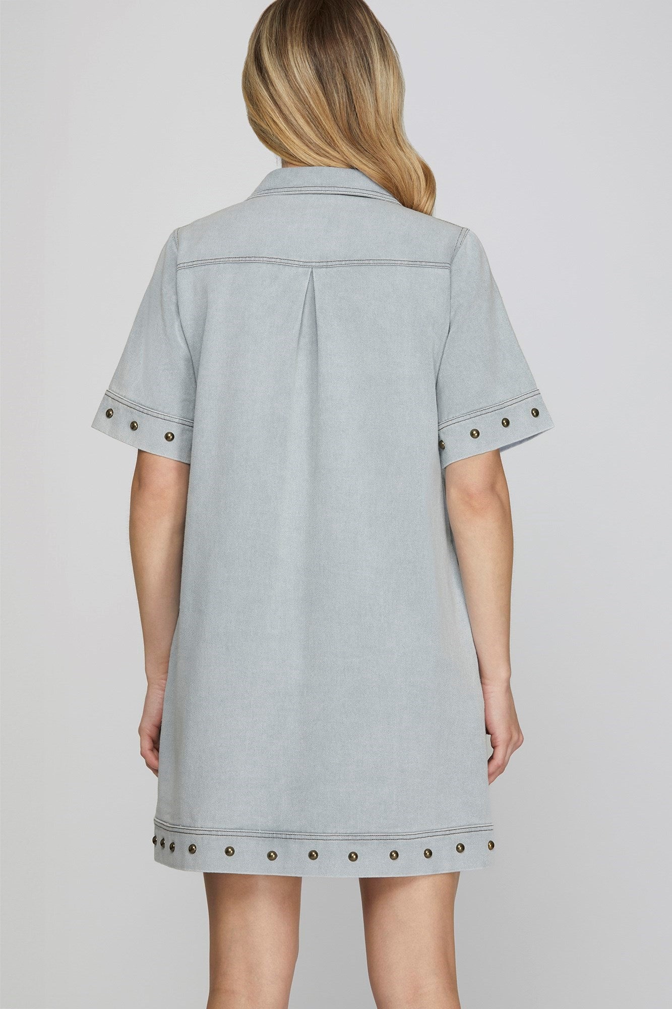 SHORT SLEEVE 1/2 ZIP STUDED WASHED MINI DRESS