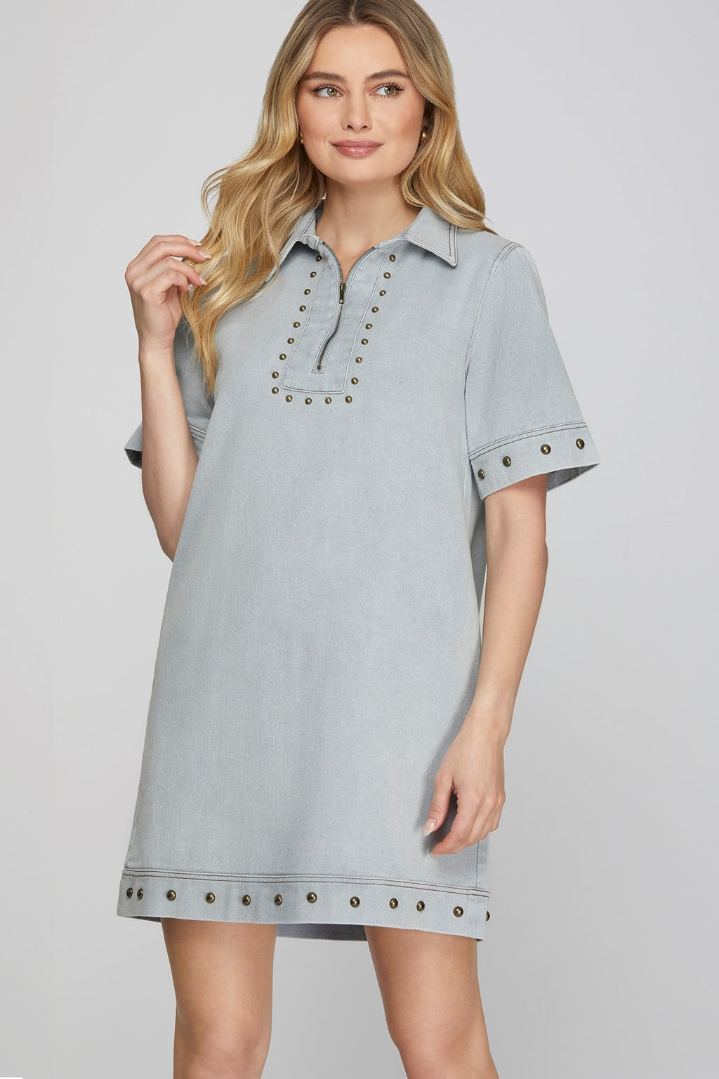 SHORT SLEEVE 1/2 ZIP STUDED WASHED MINI DRESS