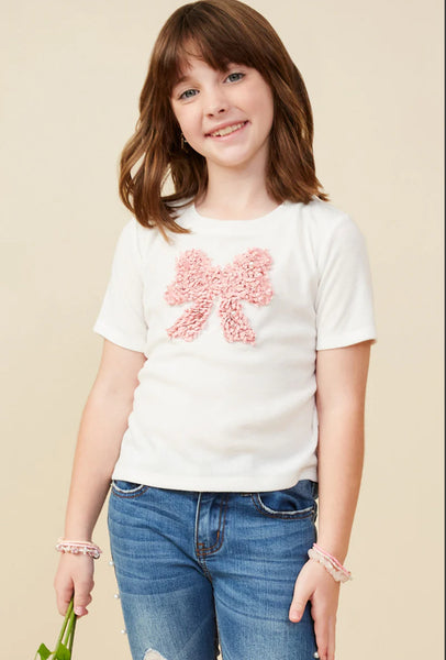 Girls Pearl Detailed Bow Patch Knit T Shirt