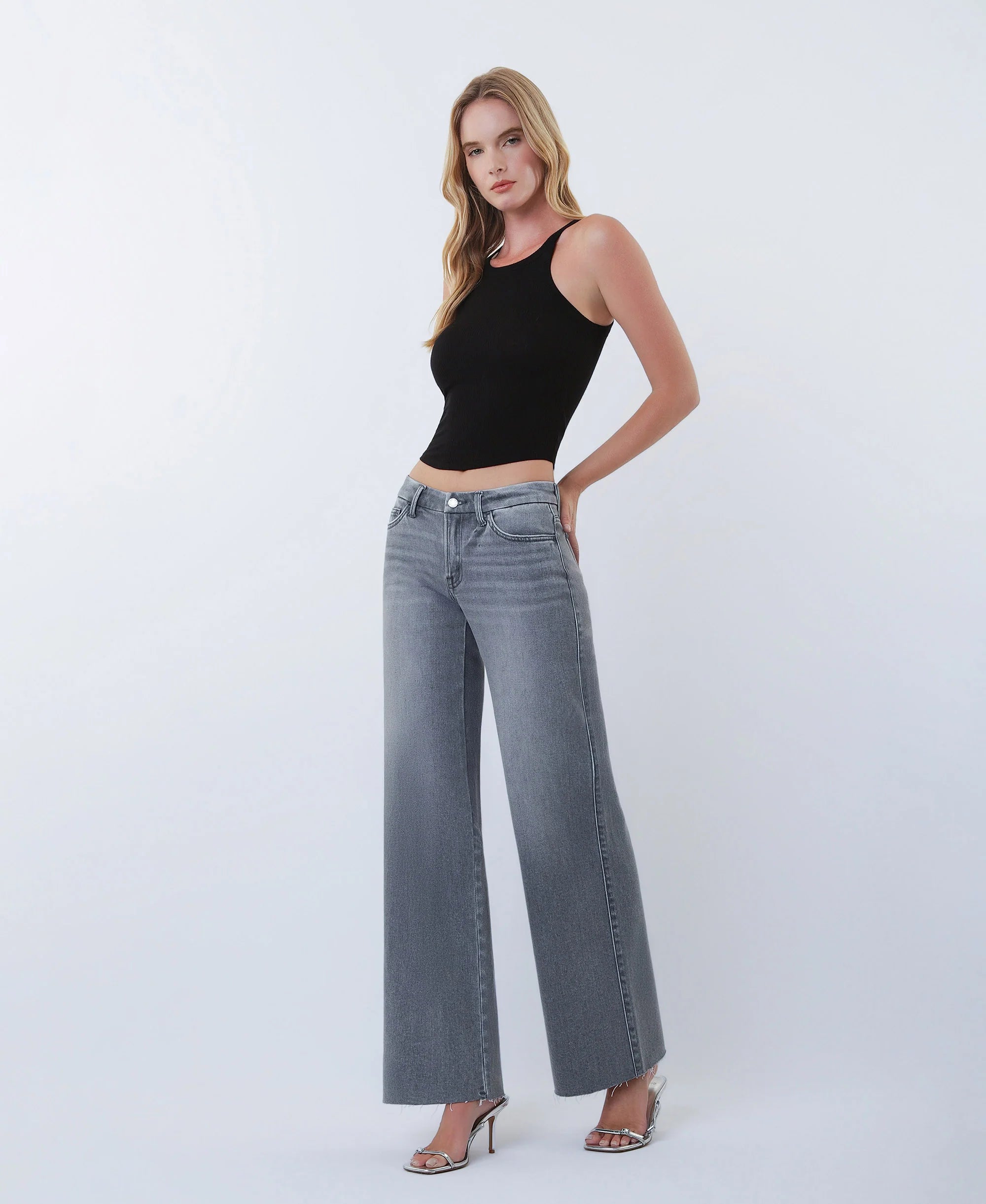 Gray - Mid Rise Clean Cut Raw Hem Wide Leg Jeans