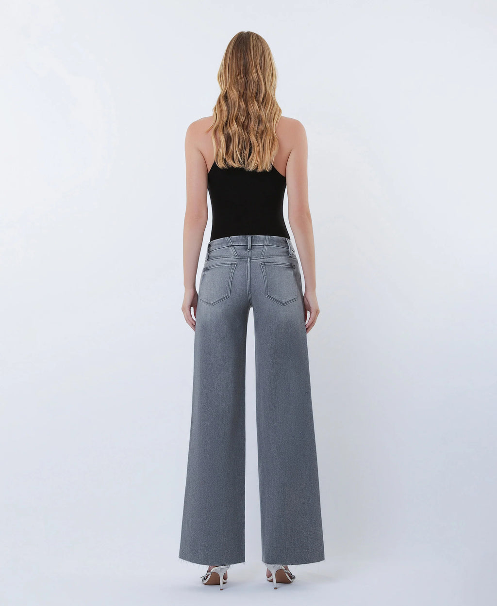 Gray - Mid Rise Clean Cut Raw Hem Wide Leg Jeans
