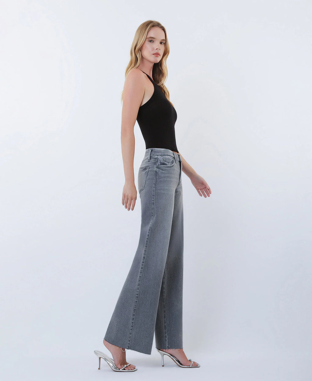 Gray - Mid Rise Clean Cut Raw Hem Wide Leg Jeans