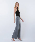 Gray - Mid Rise Clean Cut Raw Hem Wide Leg Jeans