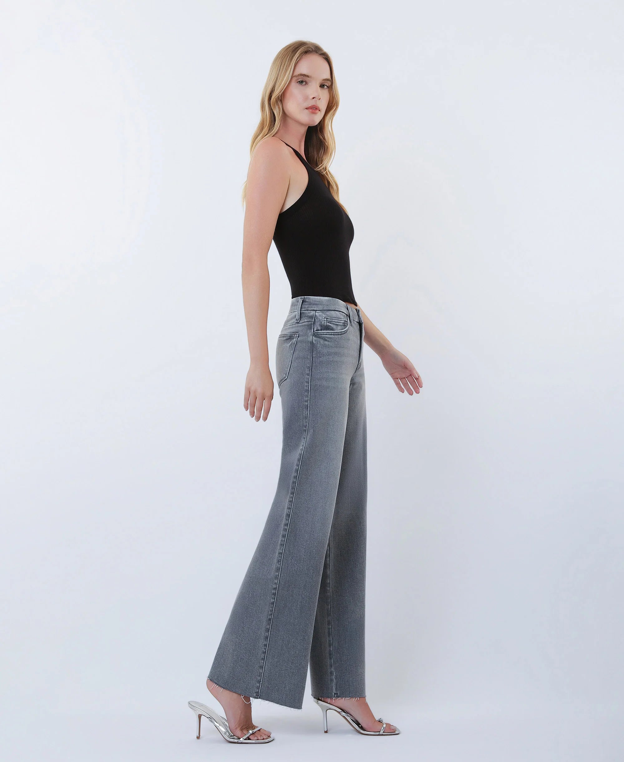 Gray - Mid Rise Clean Cut Raw Hem Wide Leg Jeans