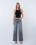 Gray - Mid Rise Clean Cut Raw Hem Wide Leg Jeans