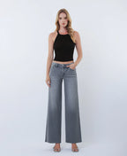 Gray - Mid Rise Clean Cut Raw Hem Wide Leg Jeans