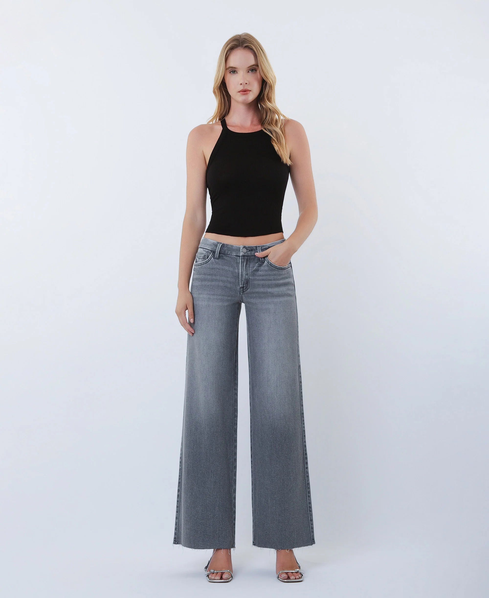 Gray - Mid Rise Clean Cut Raw Hem Wide Leg Jeans