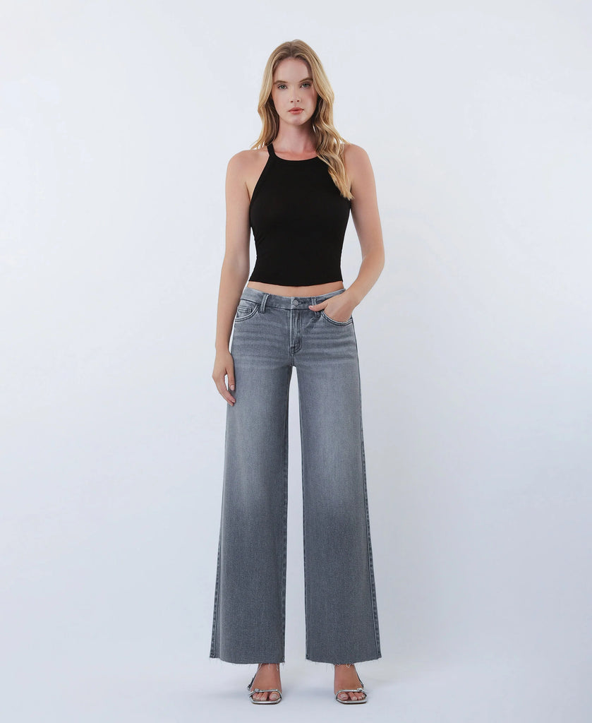 Gray - Mid Rise Clean Cut Raw Hem Wide Leg Jeans