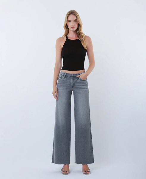 Gray - Mid Rise Clean Cut Raw Hem Wide Leg Jeans