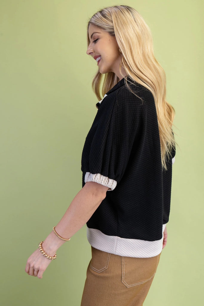 Textured Half Zip Mock Neck Top
