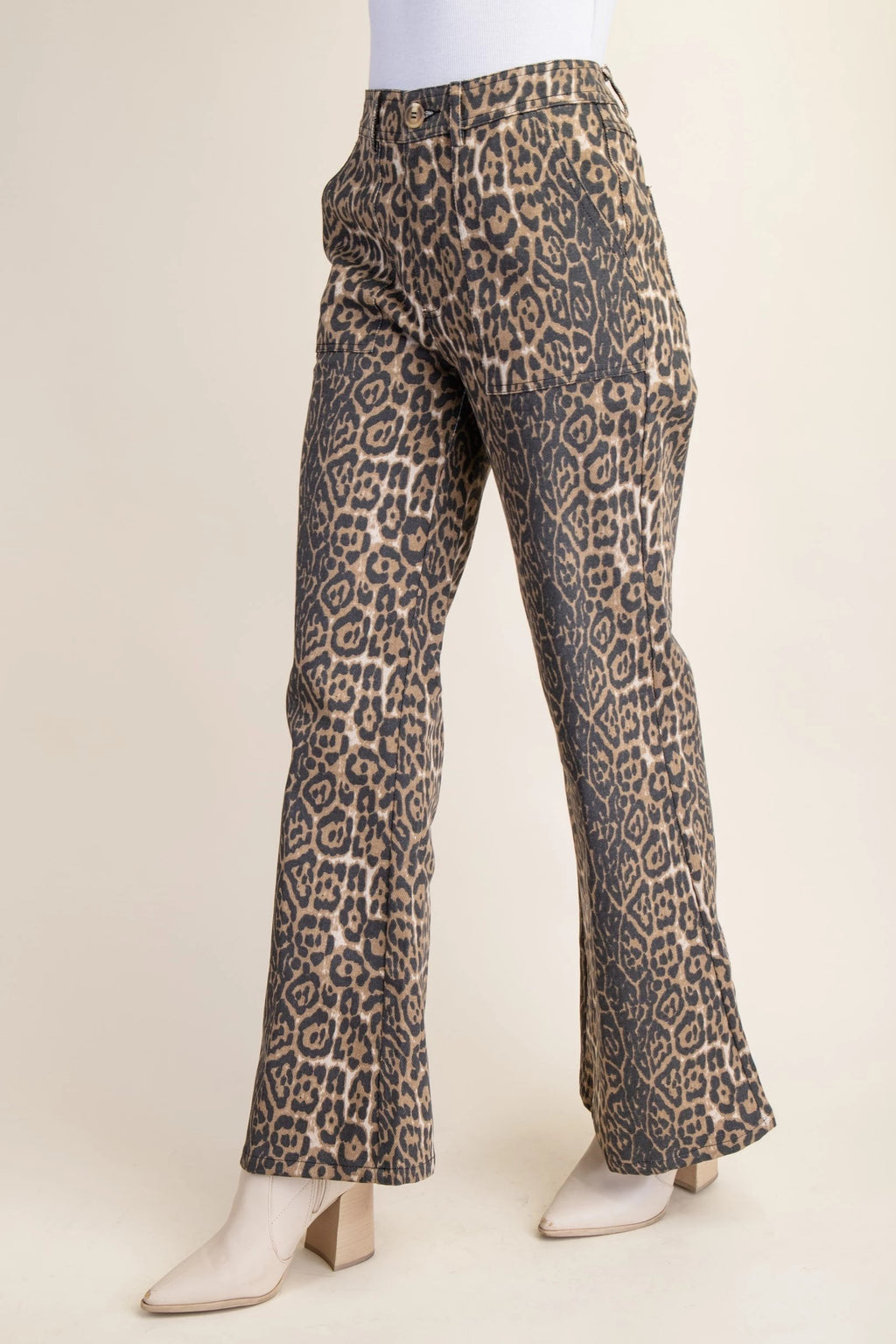 Leopard Print Flare Jeans with Side Pockets