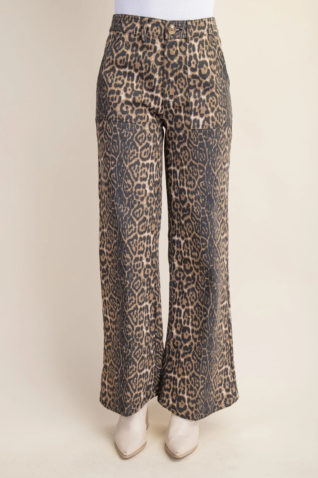 Leopard Print Flare Jeans with Side Pockets