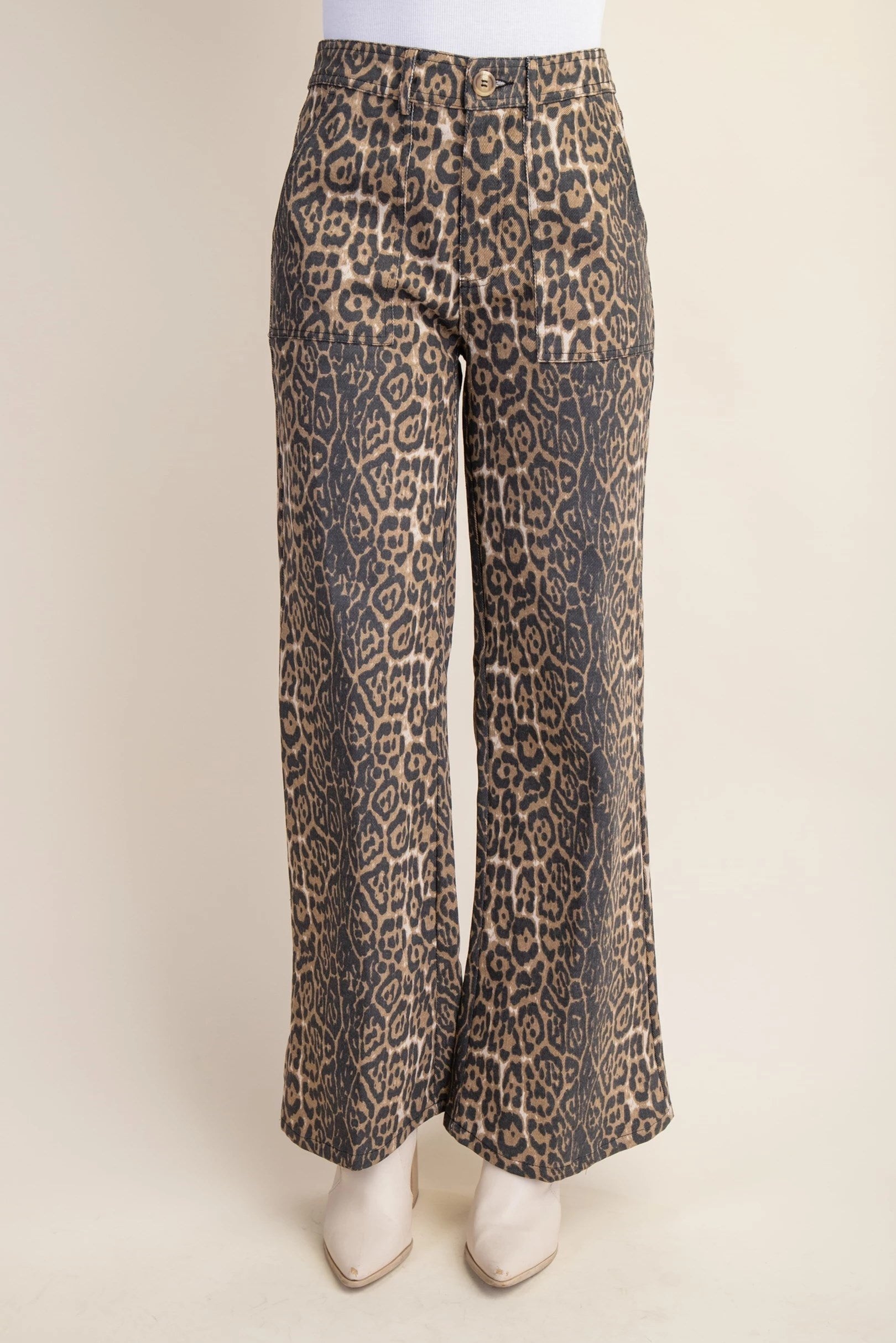 Leopard Print Flare Jeans with Side Pockets