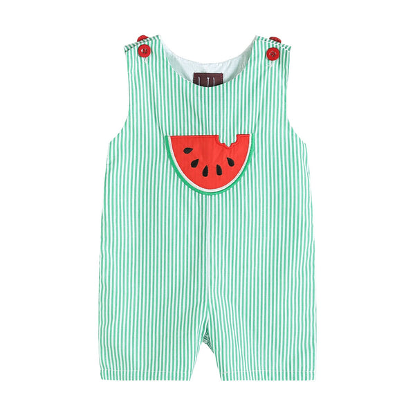 Green Stripe Watermelon Applique Shortalls