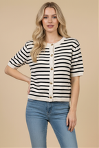 STRIPE BUTTON FRONT KNIT TOP